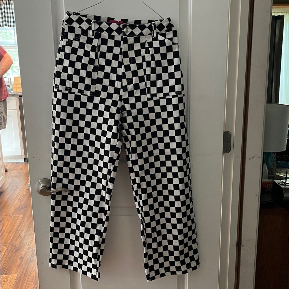 NEW GEZOUR sz 8 Checkered Wide Leg Carpenter Pants